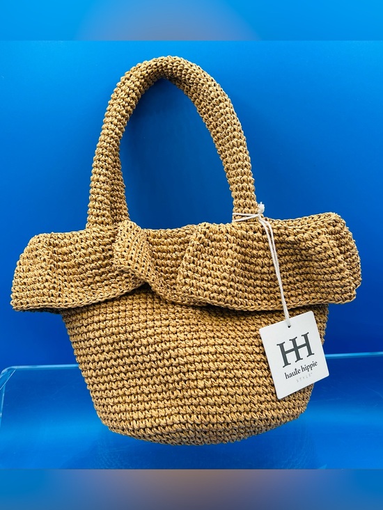 Haute Hippie Handbags - Haute Hippie Raffia Double Handle Bag with Ruffled Rim, Camel Tan, NWT